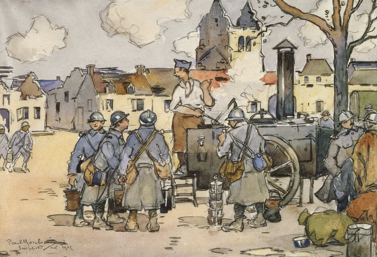 Franske snikskyttere på et feltkjøkken, Marne, oktober 1915 (wc på papir) av Paul Morchain