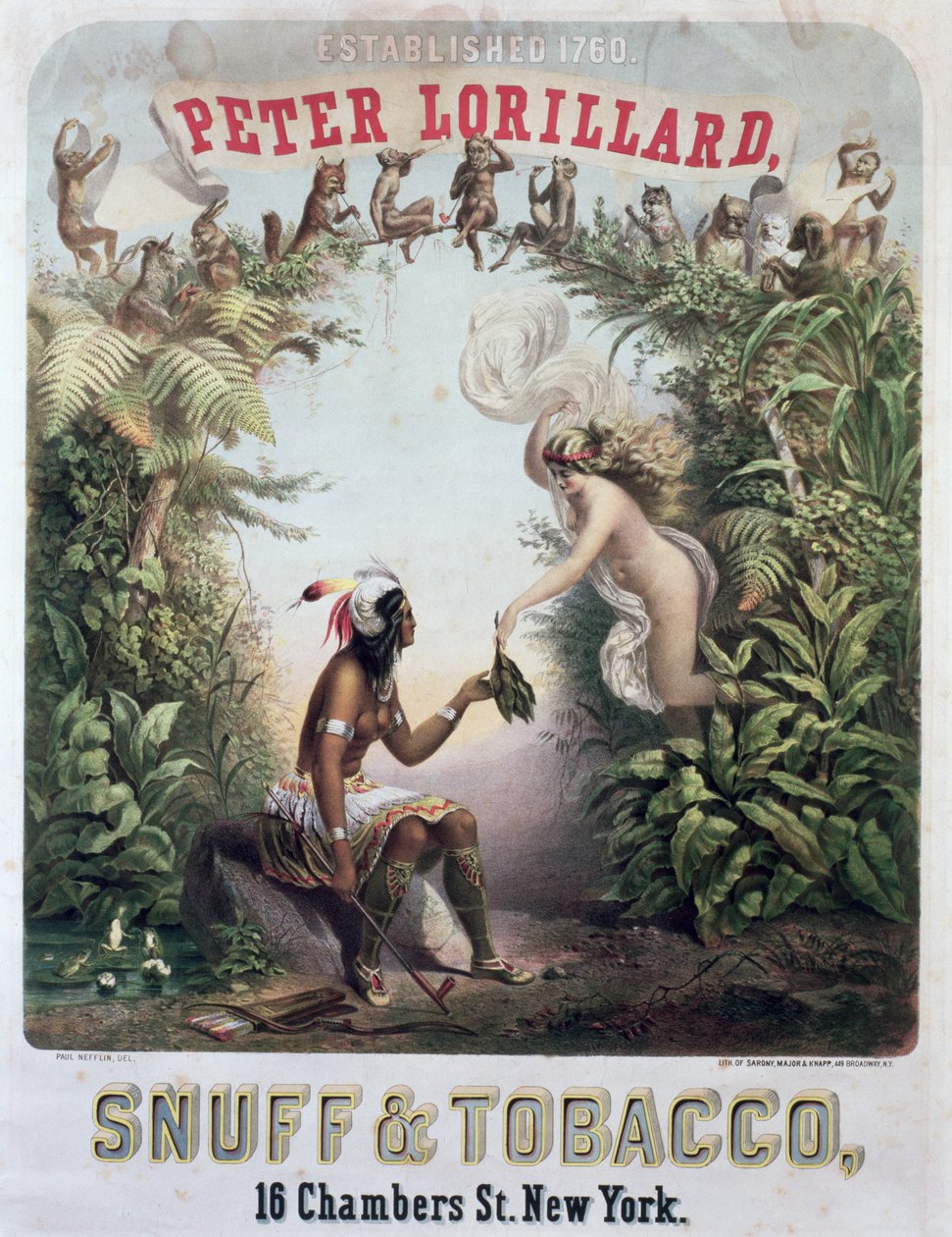 Annonse for snus og tobakk, gravert av Sarony, Major og Knapp, New York, ca. 1860 av Paul Nefflin