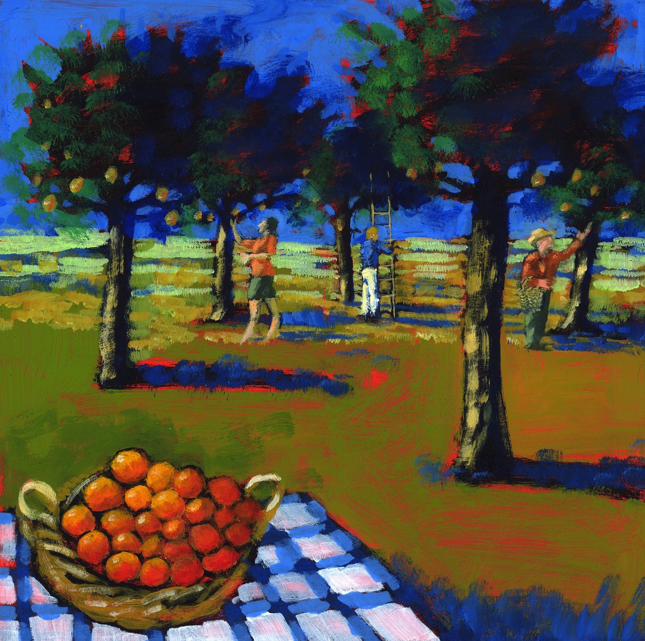 Appelsinplukking, 2008 (akryl om bord) av Paul Powis