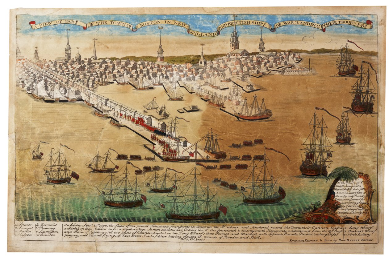 En utsikt over byen Boston i New England og britiske krigsskip som lander troppene sine, 1768, 1770 av Paul Revere