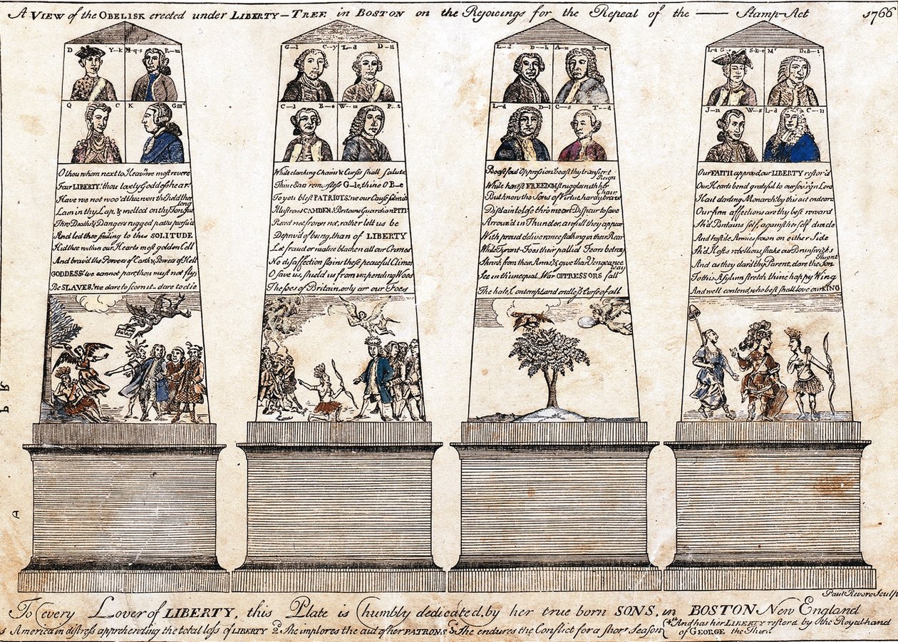 En utsikt over obelisken reist under Liberty-tree i Boston på jubelen for opphevelsen av frimerkeloven 1766 av Paul Revere