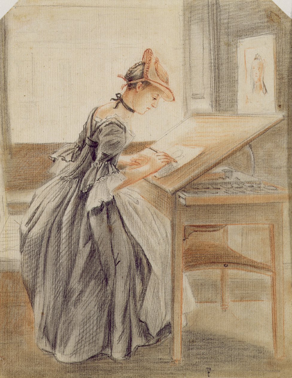 En dame som kopierer ved et tegnebord, ca. 1760-70 (grafitt, rødt og svart kritt og stubbe på papir) av Paul Sandby
