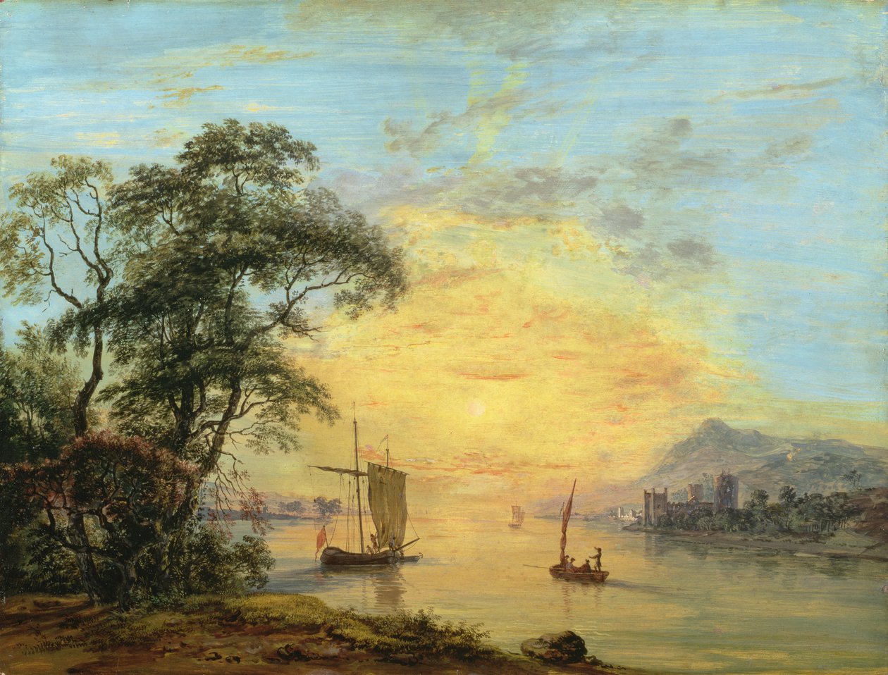 A Welsh Sunset River Landscape, ca. 1775-1800 av Paul Sandby