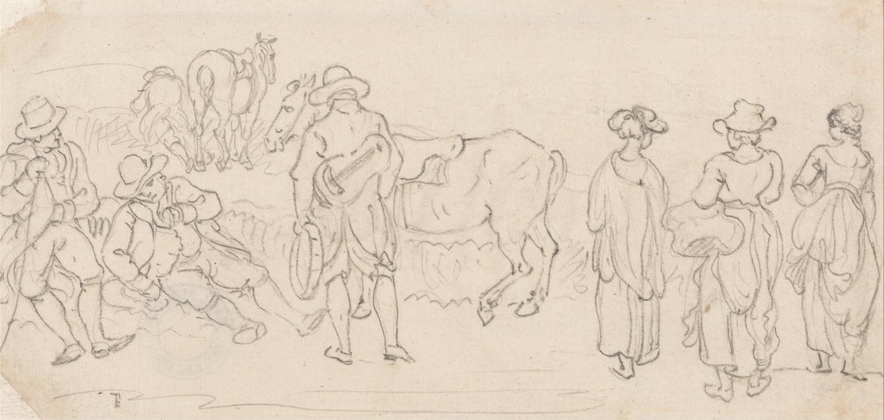 Figur med lut og tamburin, med andre figurer- menn som hviler, landskvinner, hester, etc. av Paul Sandby