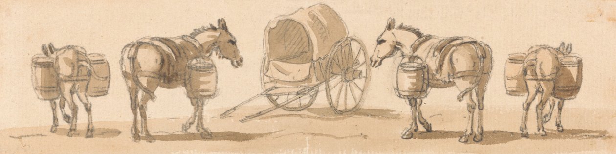 Fire muldyr med kofferter og vogn av Paul Sandby