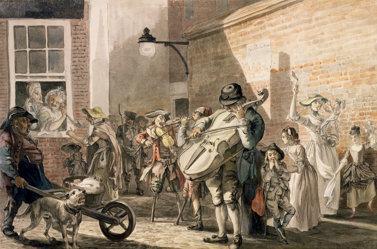 Omreisende musikere som spiller i en fattig del av byen av Paul Sandby
