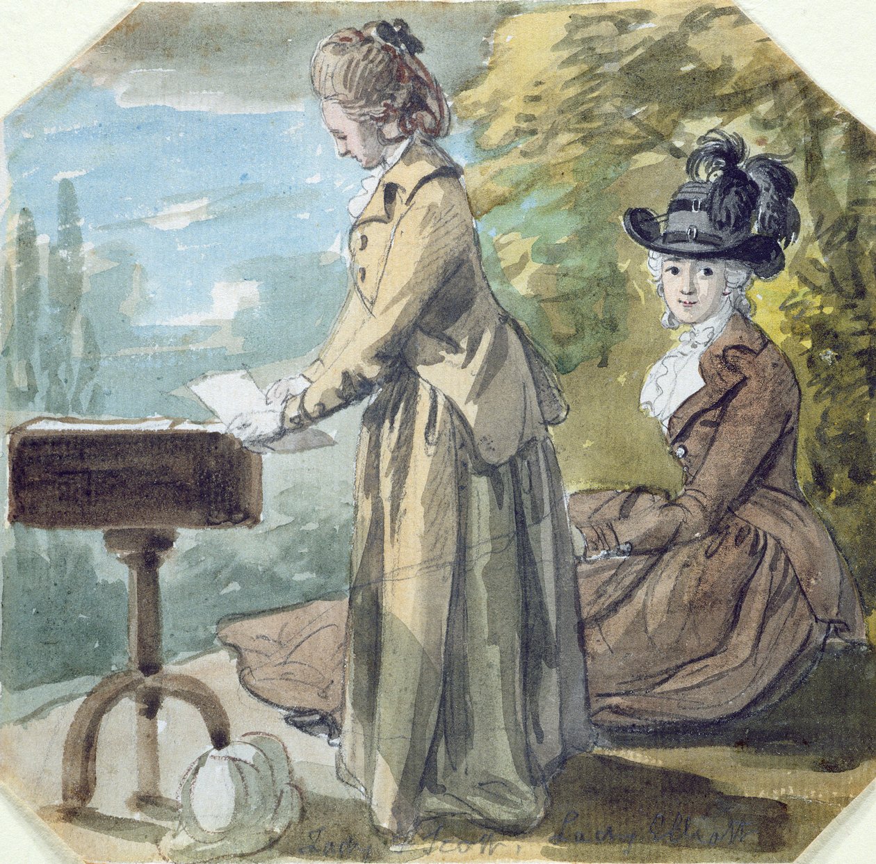 Lady Francis Scott og Lady Elliot, ca. 1770 (wc over grafitt på lagt papir) av Paul Sandby