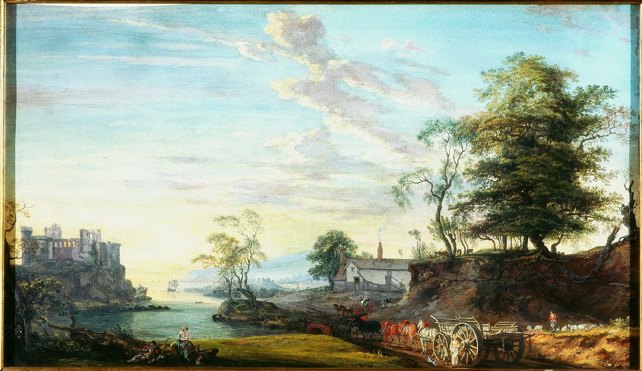 Landskap med Castle on a Bay (kroppsfarge (gouache) på papir) av Paul Sandby