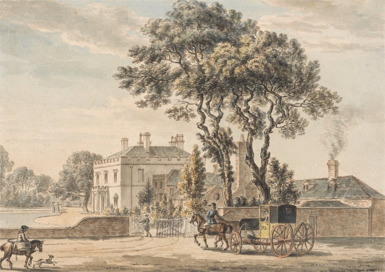 Nordøst-utsikt over Sir John Elvils House på Englefield Green nær Egham i Surrey av Paul Sandby