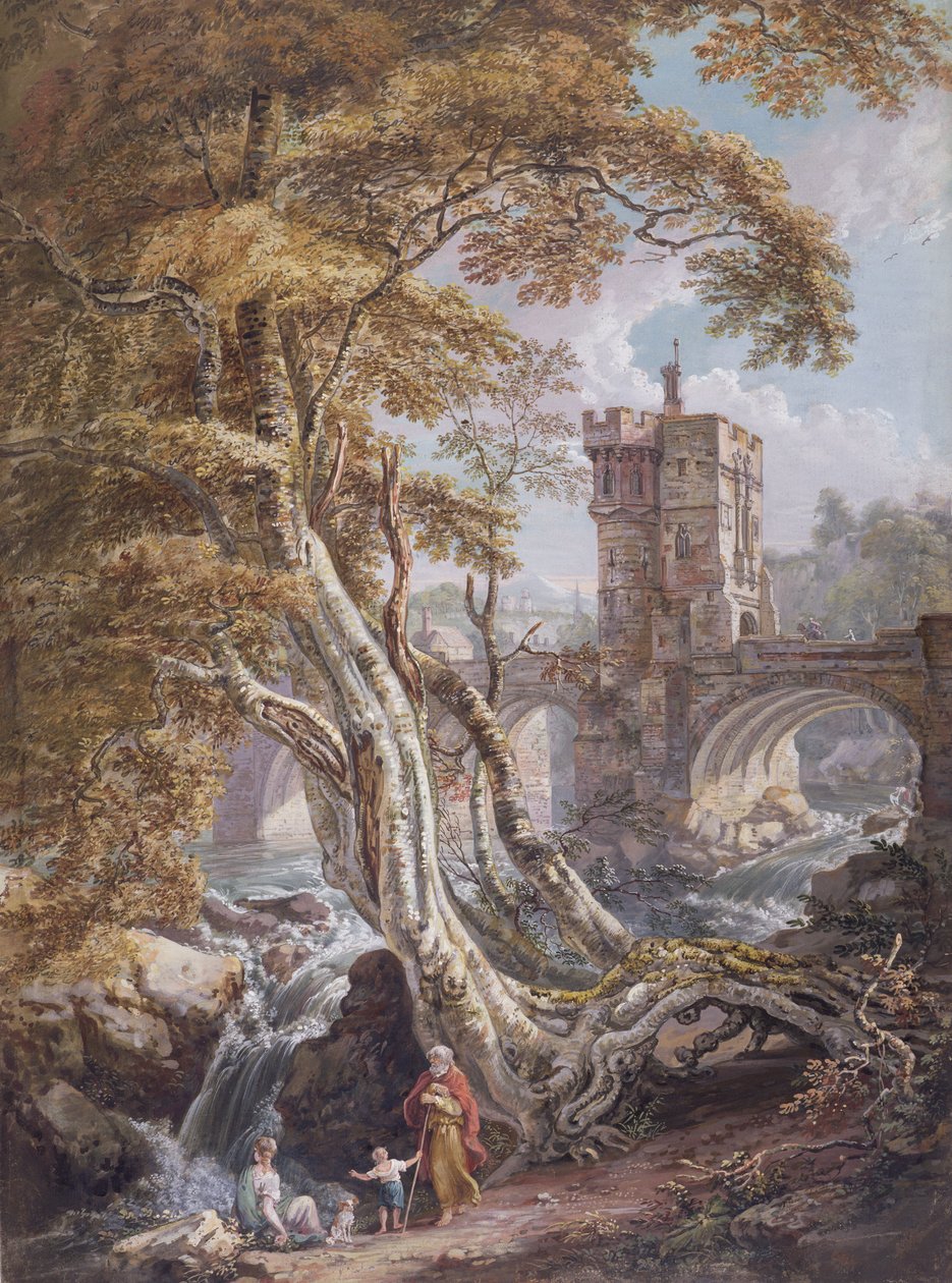 PD.8-1976 Utsikt over Old Welsh Bridge, Shrewsbury, ca. 1770 (wc, gouache og blekk på papir) av Paul Sandby