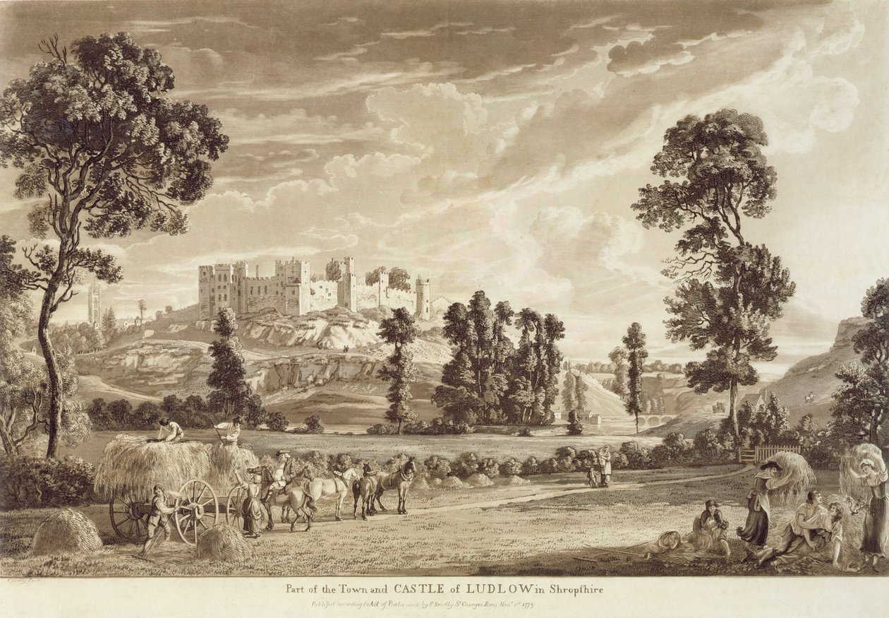 En del av byen og slottet Ludlow i Shropshire, gravert av kunstneren, utgitt av P. Sandby, 1779 (akvatintgravering) av Paul Sandby