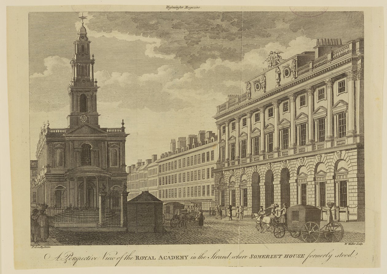 Perspektivbilde av Royal Academy of Arts, gravert av W. Walker (fl.1775-92) 1795 av Paul Sandby