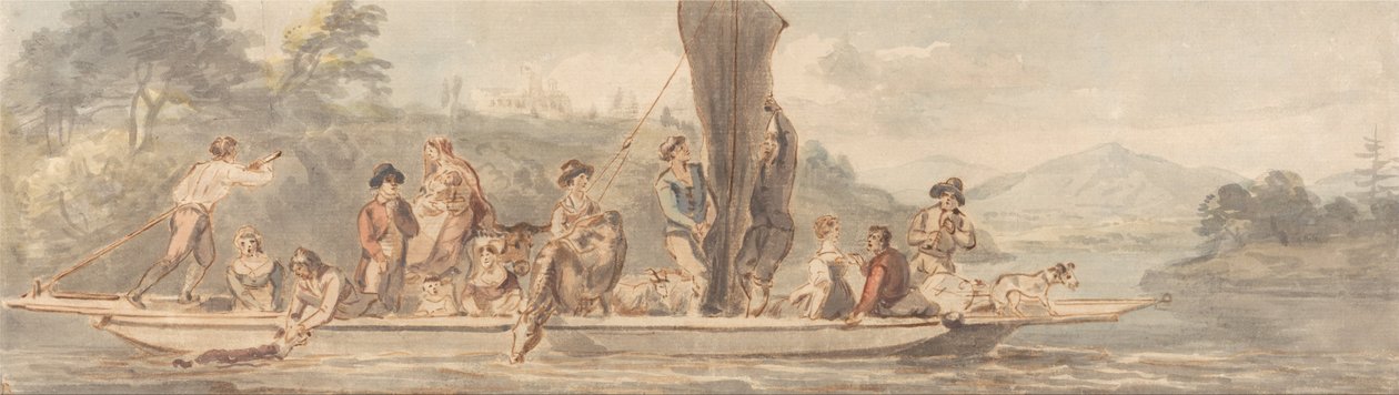 River Ferry med mange passasjerer og dyr av Paul Sandby