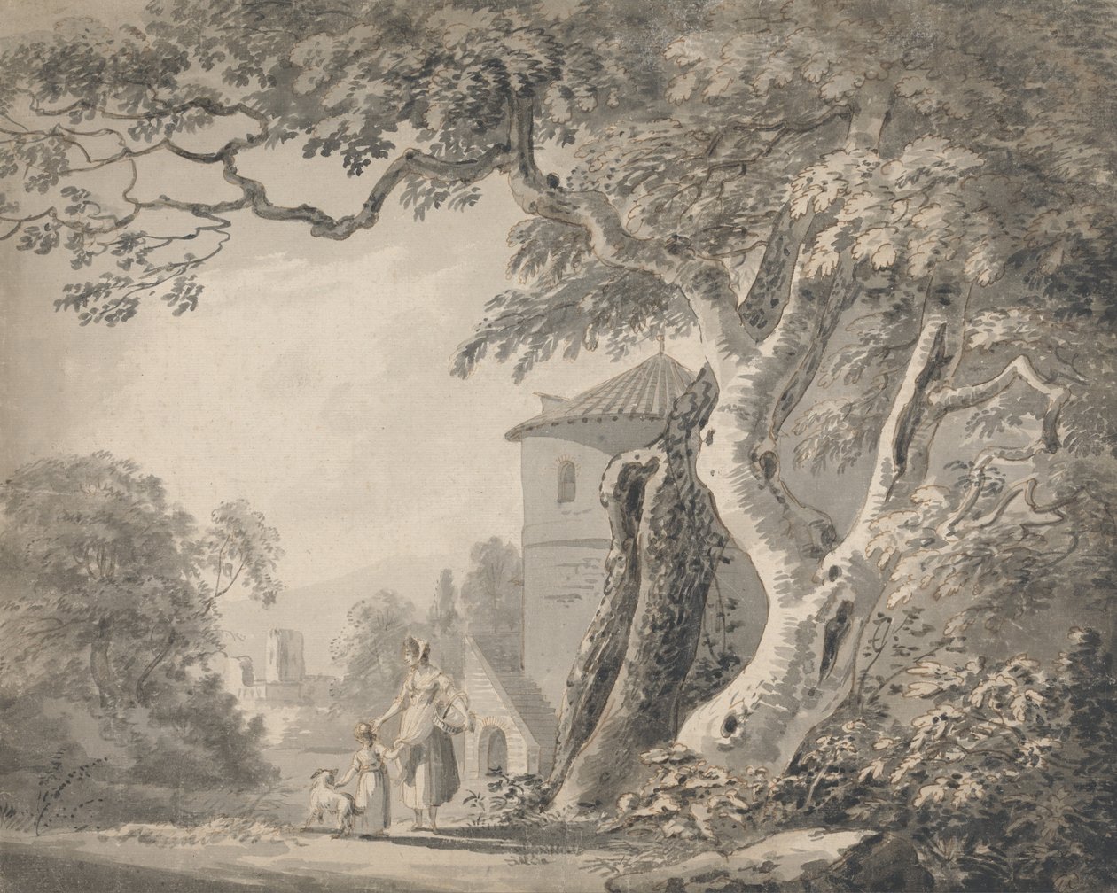 Romantisk landskap med figurer og en hund av Paul Sandby