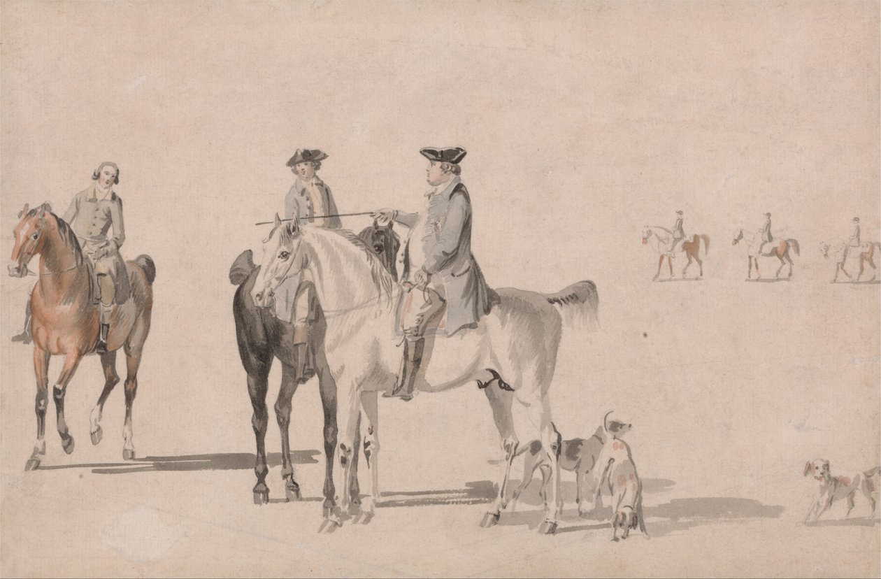 Hertugen av Cumberland med en gentleman og en brudgom, alle montert, og hunder av Paul Sandby