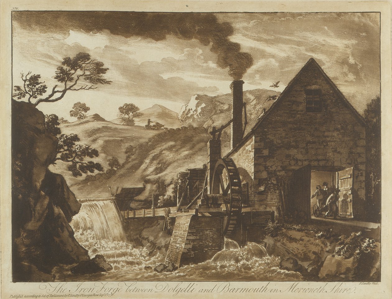 Iron Forge nær Dolgelli og Barmouth i Merionethshire, fra Twelve Views i Wales, 1776 (akvatint) av Paul Sandby