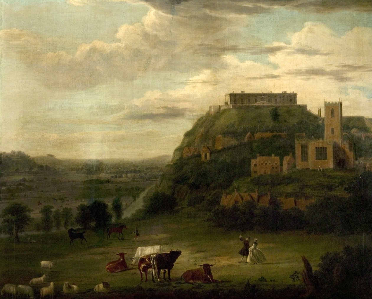 Utsikt over Nottingham Castle med St Nicholas" kirke og hus, ca. 1742-50 av Paul Sandby