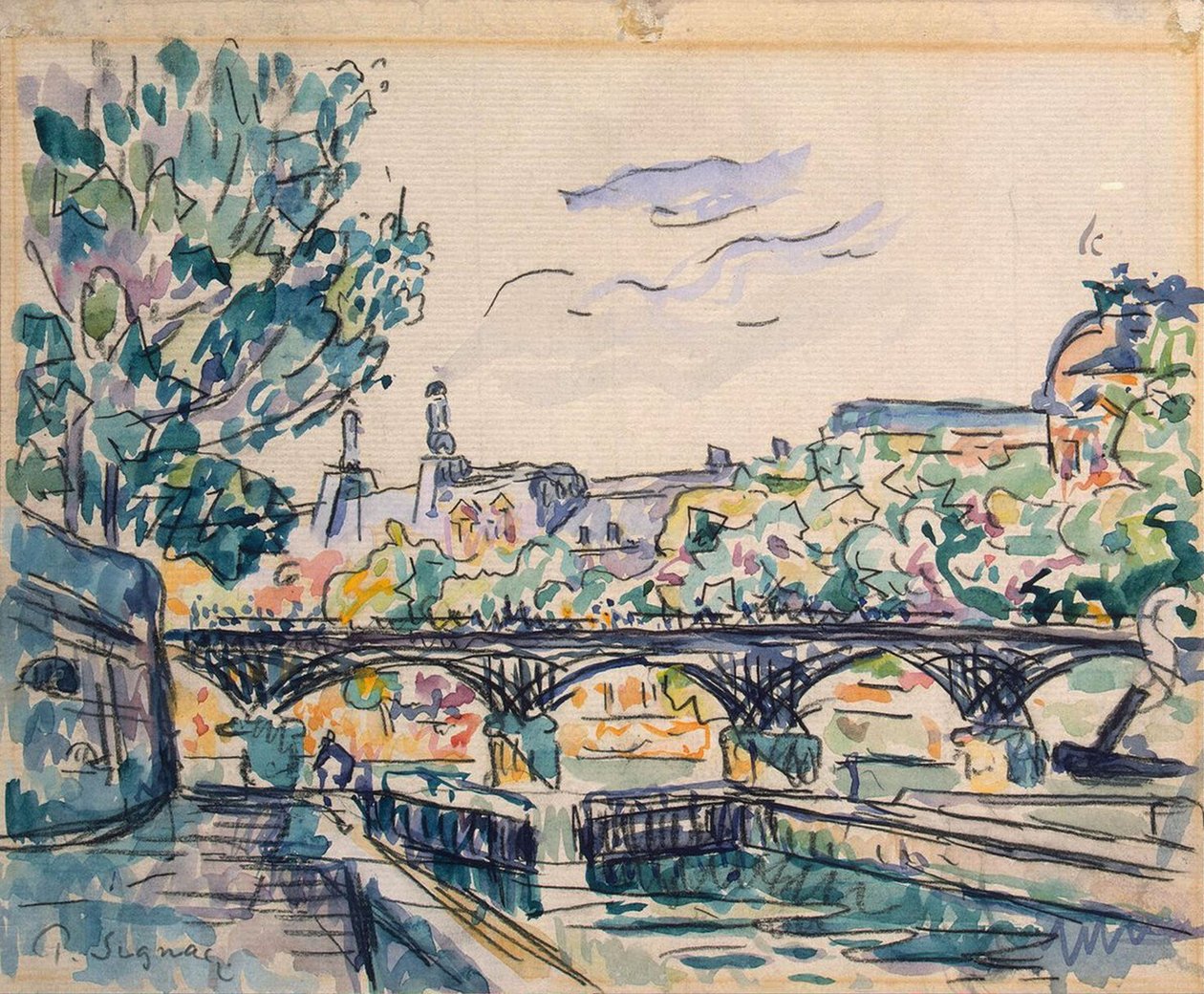 Bank of the Seine nær Pont des Arts, med utsikt over Louvre (penn og blekk med wc og gouache på papir) av Paul Signac