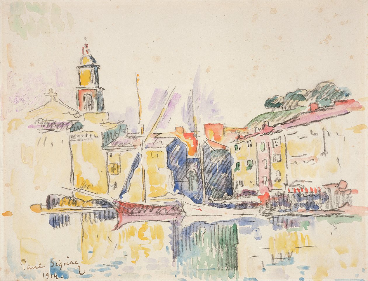 Fransk havn i St. Tropez, 1914 (kull og wc på papir) av Paul Signac