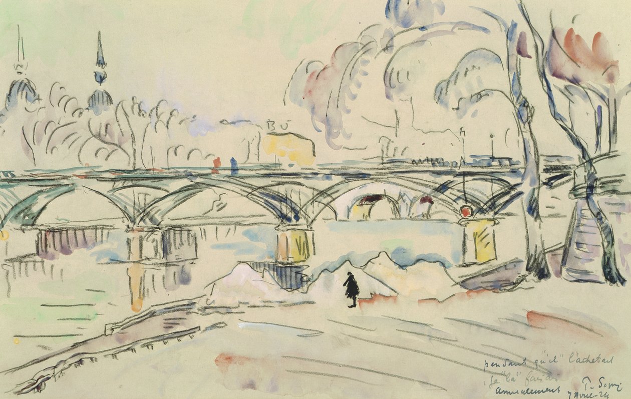 The Pont des Arts, 1924 (blyant og wc på papir) av Paul Signac
