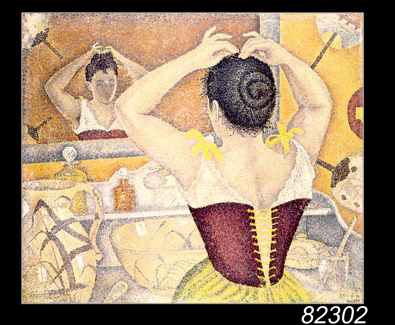 Kvinne ved toalettet hennes iført et lilla korsett, 1893 av Paul Signac