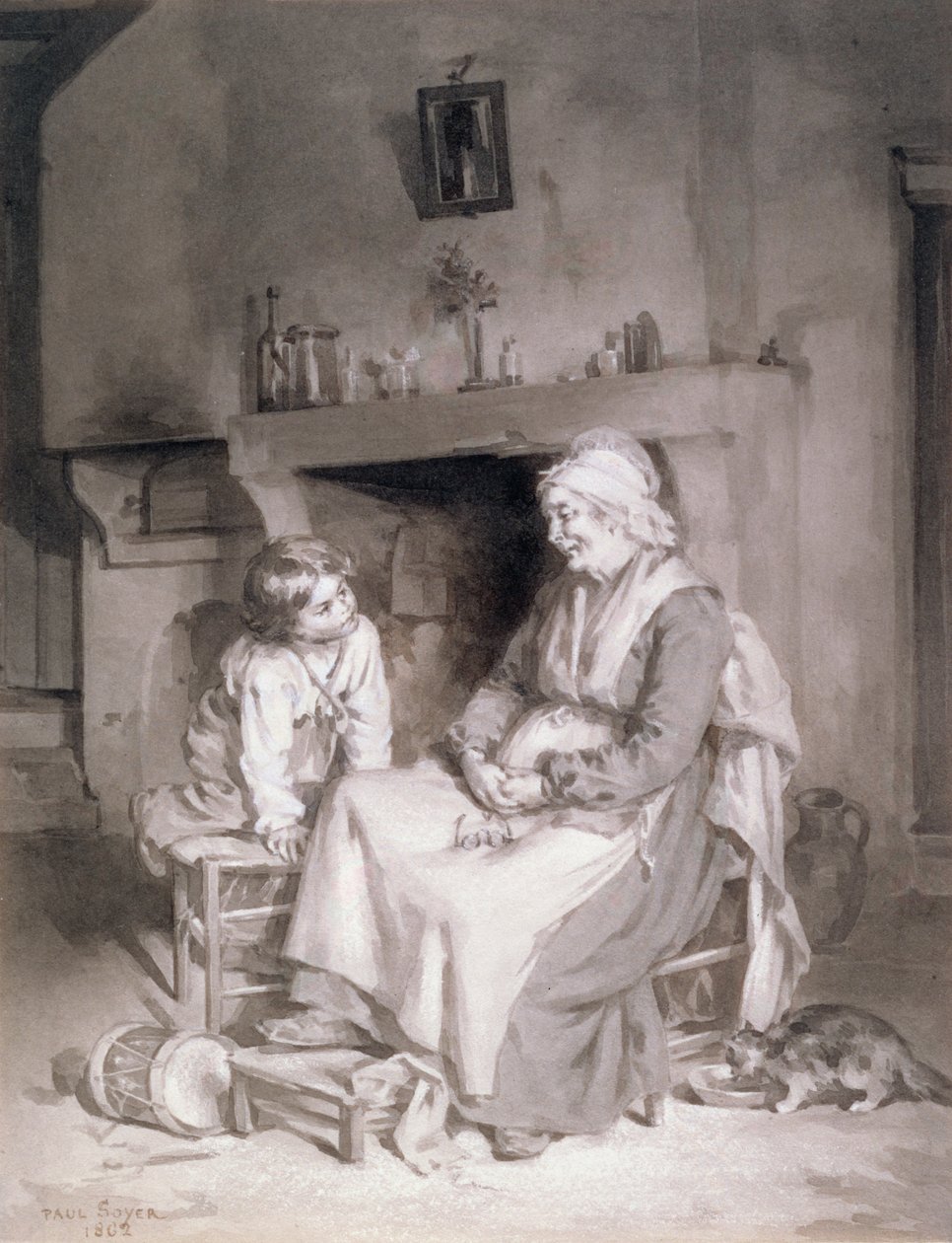 Interiør med gammel kvinne og gutt, 1862 (penn og blekkvask på papir) av Paul Soyer