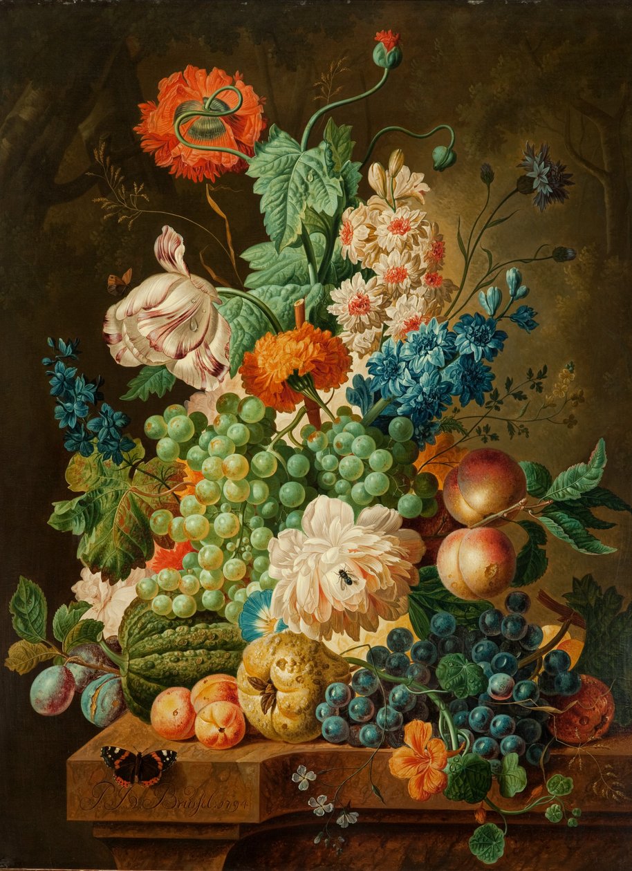 Frukt og blomster på et marmorbord, 1794 av Paul Theodor van Brussel