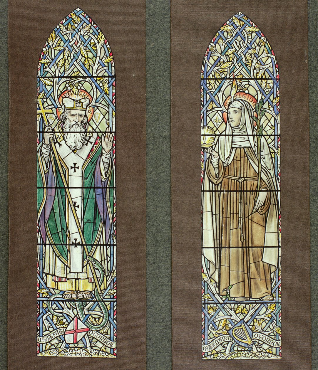 Design for glassmalerier som viser St. Patrick og St. Bridget i Chapel of the Scottish Saints i Fort Augustus Abbey, Loch Ness, 1919 av Paul Vincent Woodroffe