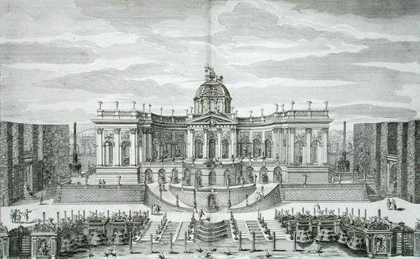 Den store grotten og fontenehagen ved Princely Pleasure Palace and Gardens, Berlin, gravert av Johann August Corvinus (1683-1738), publisert ca. 1711-16 (gravering) av Paul Decker