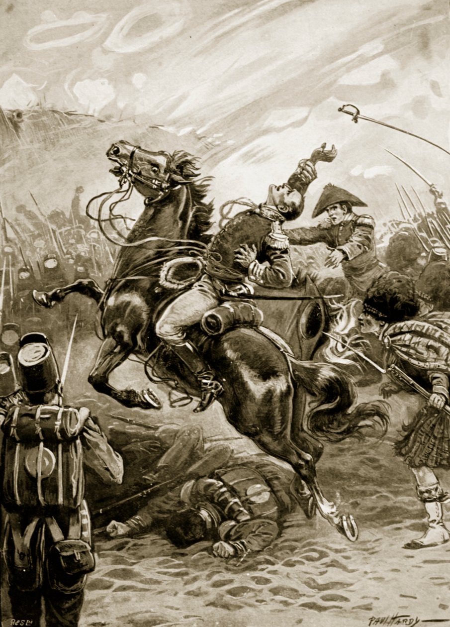 Death of Sir Edward Pakenham, illustrasjon fra 'Battles of the Nineteenth Century' av Archibald Forbes, GA Henty og major Arthur Griffiths (litho) av Paul (after) Hardy