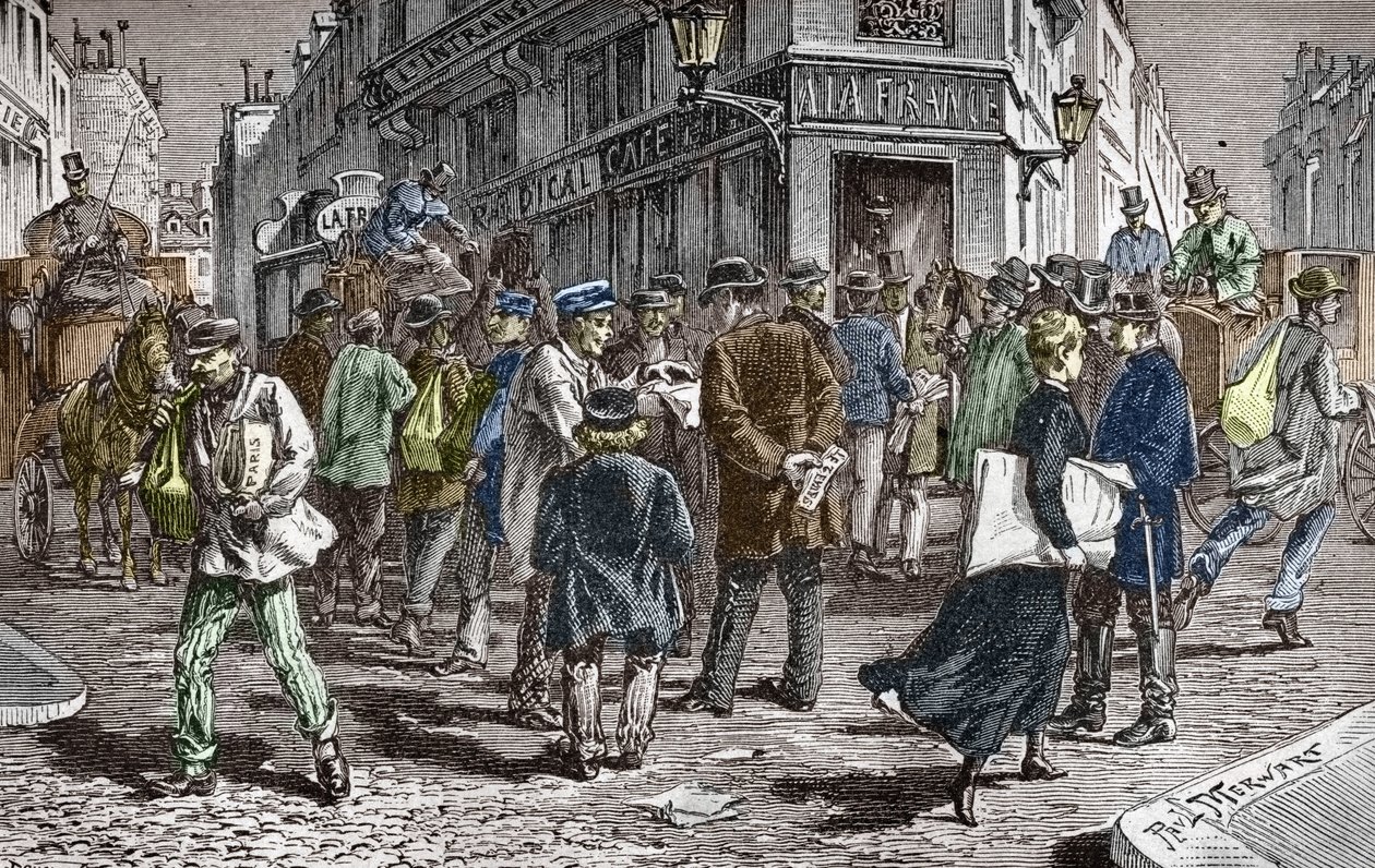 Utsikt over Rue du Croissant i Paris, sete for mange aviser av Paul (after) Merwart