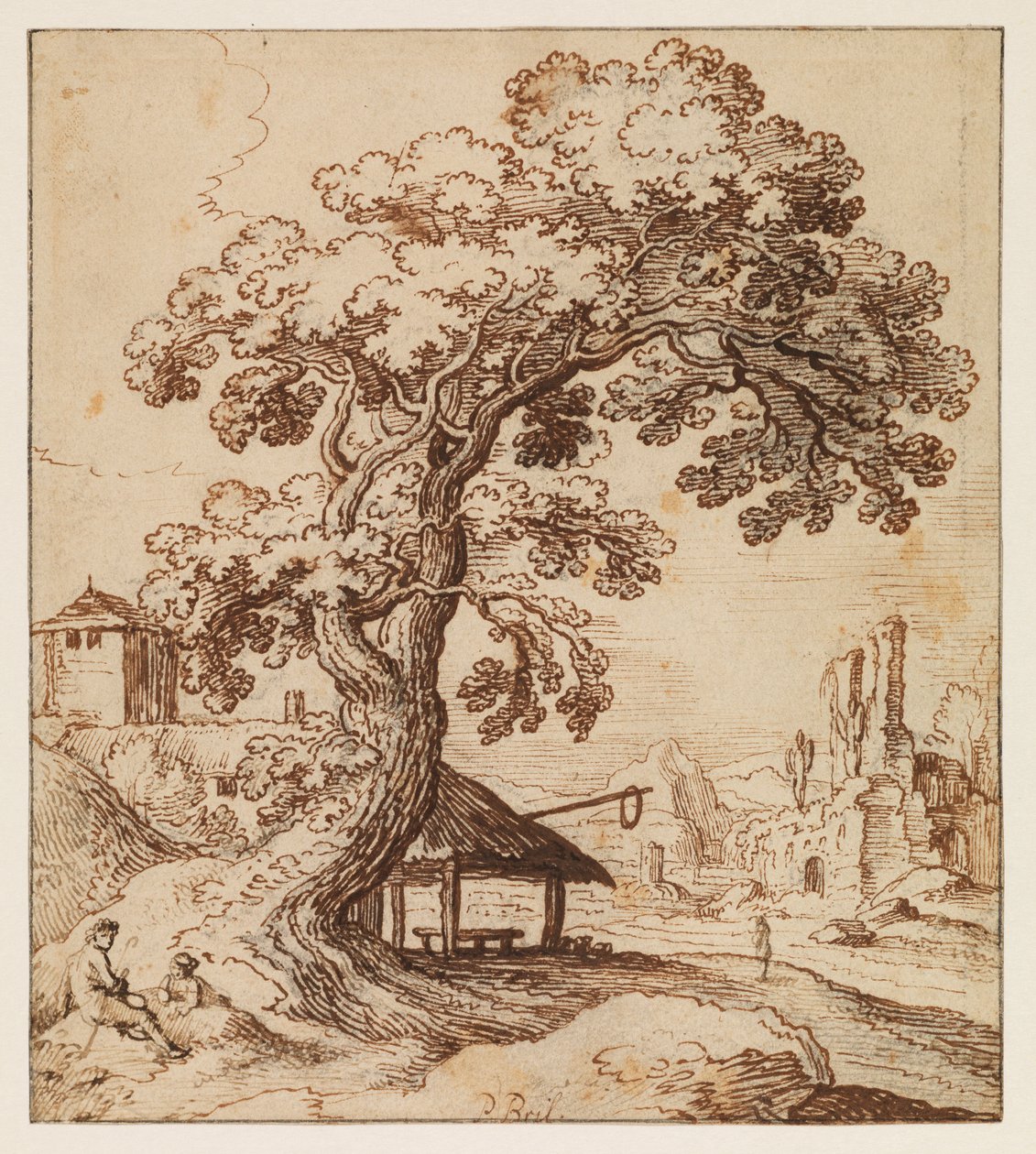 Landskap med ruiner og figurer, ca. 1615 (svart kritt, penn og brunt blekk på lagt papir, med innrammingslinjer med svart blekk) av Paul (circle of) Brill or Bril