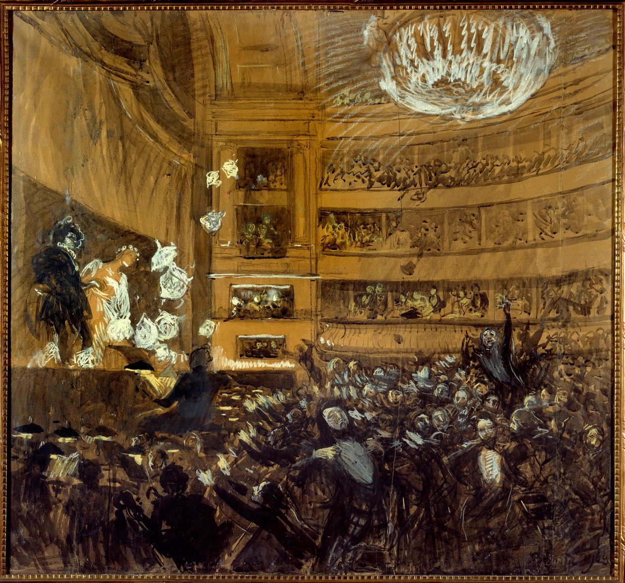 Slaget ved Hernani 25.02.1830 Første representasjon av stykket "" Hernani"" av Victor Hugo (1802-1885) på Comedie Francaise. Tegning av Paul Albert Besnard (1849-1934) Paris fra 1800-tallet, Comedie Francaise av Paul Albert Besnard