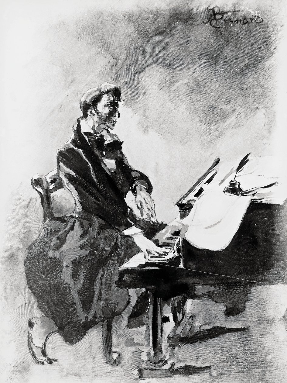Komponisten og pianisten Frederic Chopin spiller piano, av Albert Besnard (1849-1934), akvarell av Paul Albert Besnard