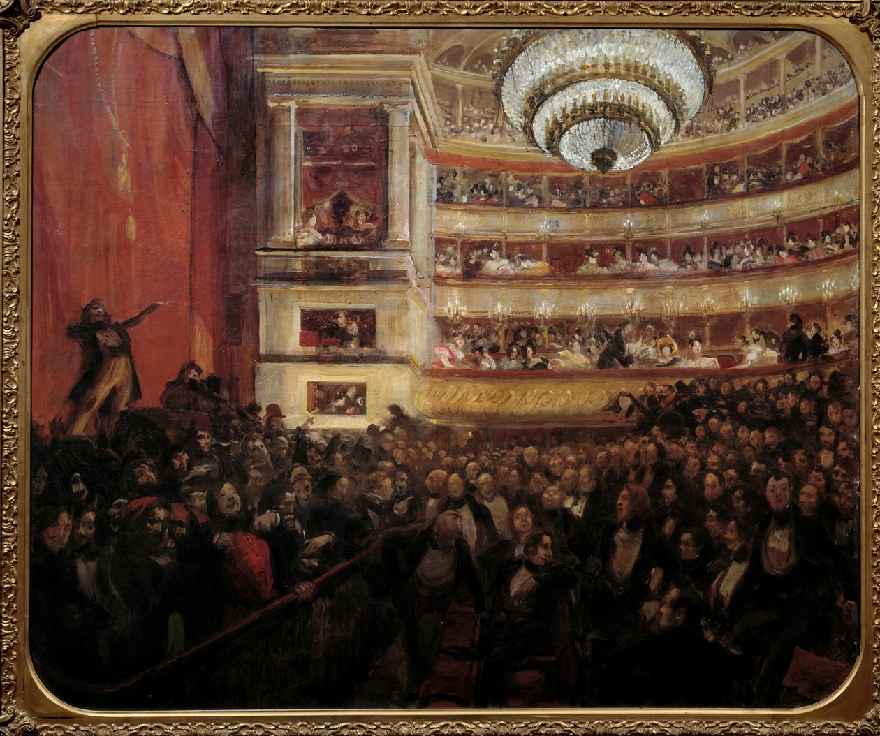 Premiere på Hernani Premiere representasjon av stykket "" Hernani"" av Victor Hugo (1802-1885) på Comedie Francaise 25.02.1830. Maleri av Paul Albert Besnard (1849-1934) 1800-tallets søn. 1,05x1,22 m Paris, hus Victor Hugo av Paul Albert Besnard
