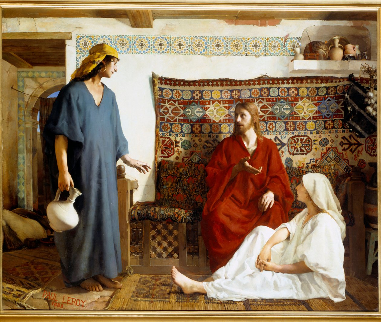 Jesus at Marthe and Mary - Sainte Marthe, disippel av Jesus Kristus og hennes søster Marie de Bethanie - Maleri av Paul Alexandre Leroy (1860-1942) av Paul Alexander Alfred Leroy