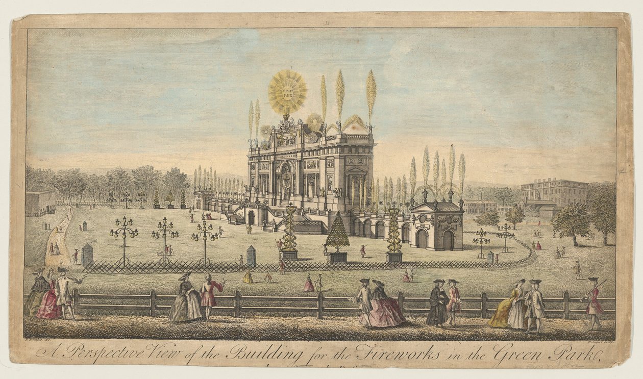 Et perspektivbilde av bygningen for fyrverkeriet i Green Park, London, ca. 1749. av Paul Angier