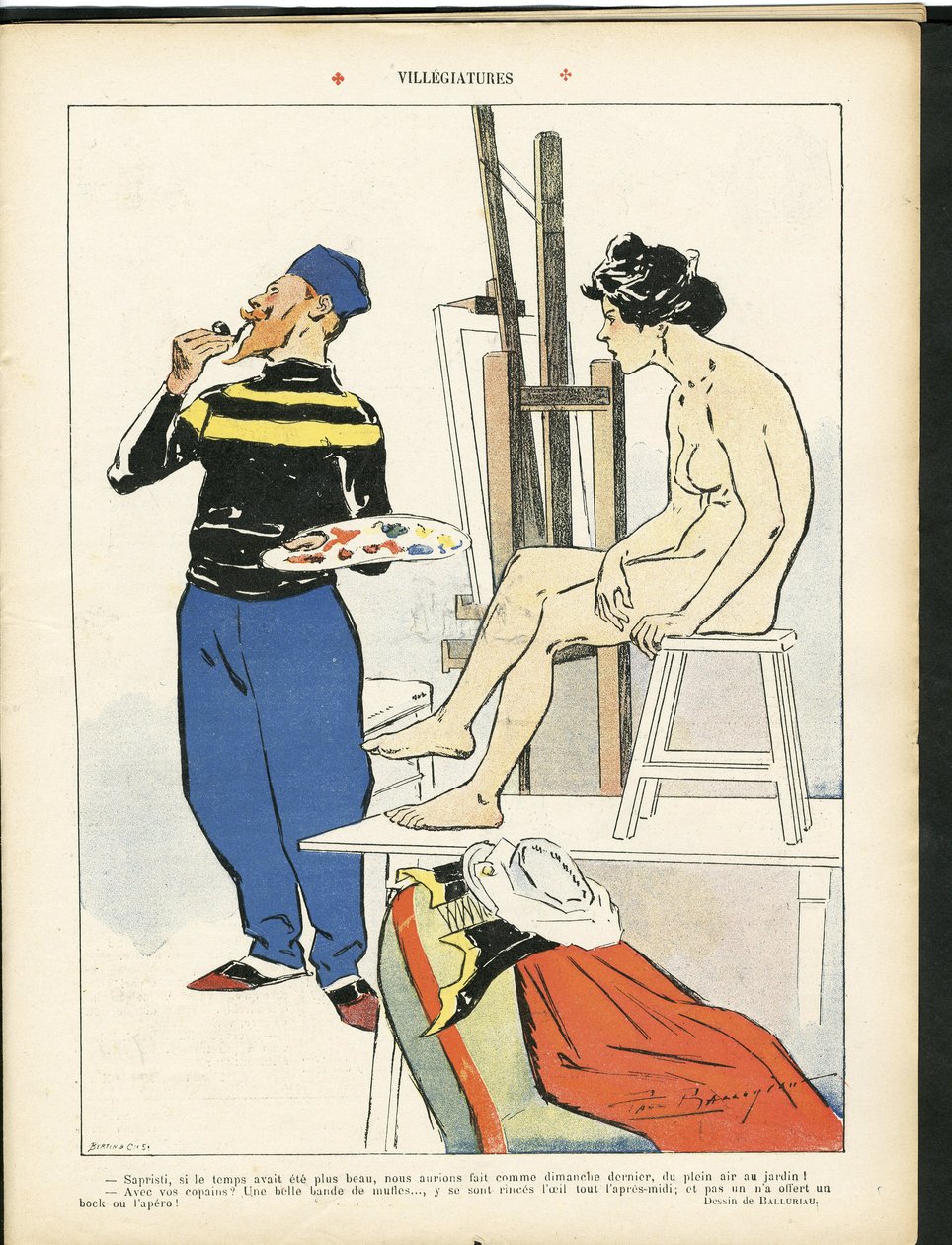 Illustrasjon av Paul Balluriau (1860-1917) i Le Rire, 03/08/07 - Villegiatures - Kunst - Malere kunstnere, modell (som poserer) av Paul Balluriau