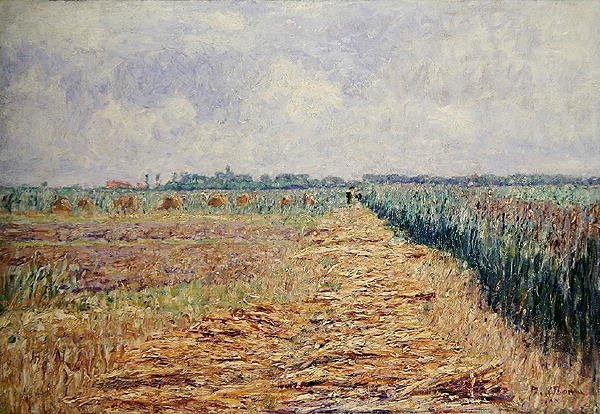 Et flatt nederlandsk landskap under en sommerhimmel med klare hvite skyer, ca. 1890 (olje på lerret) av Paul Baum