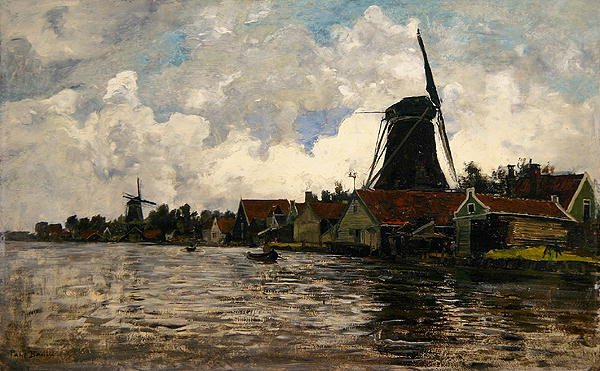 Holland, elvelandskap med to vindmøller (olje på tre) av Paul Baum