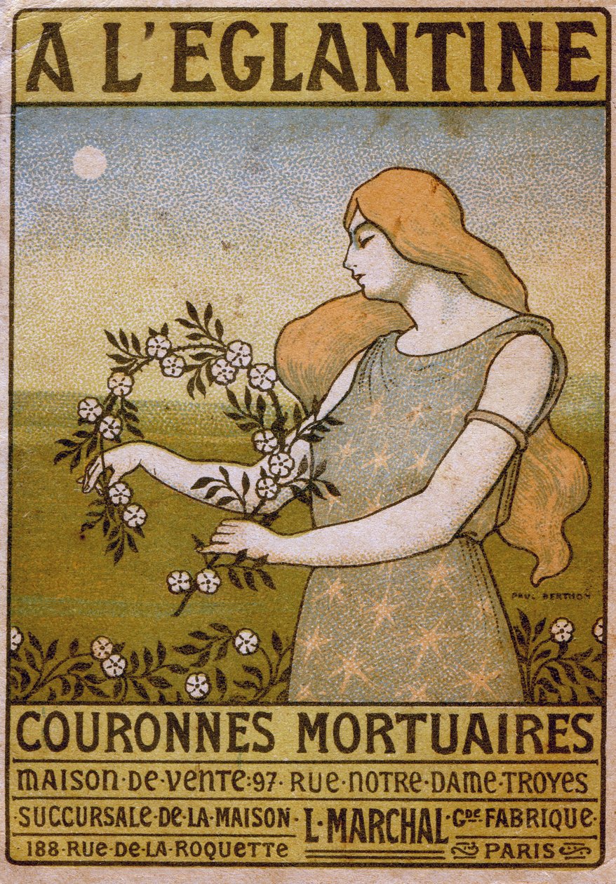 Livsstil. Til villrosen, begravelseskranshandel, blomsterhandler. Annonse av Paul Berthon, Frankrike, ca. 1900 (plakat) av Paul Berthon