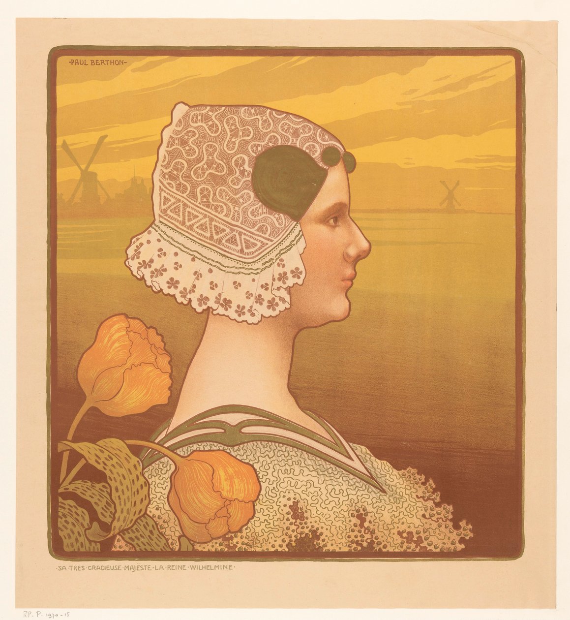 Portrett av dronning Wilhelmina i tradisjonell drakt Sa très grasiøse majeste la reine Wilhelmine (tittel på objekt) av Paul Berthon