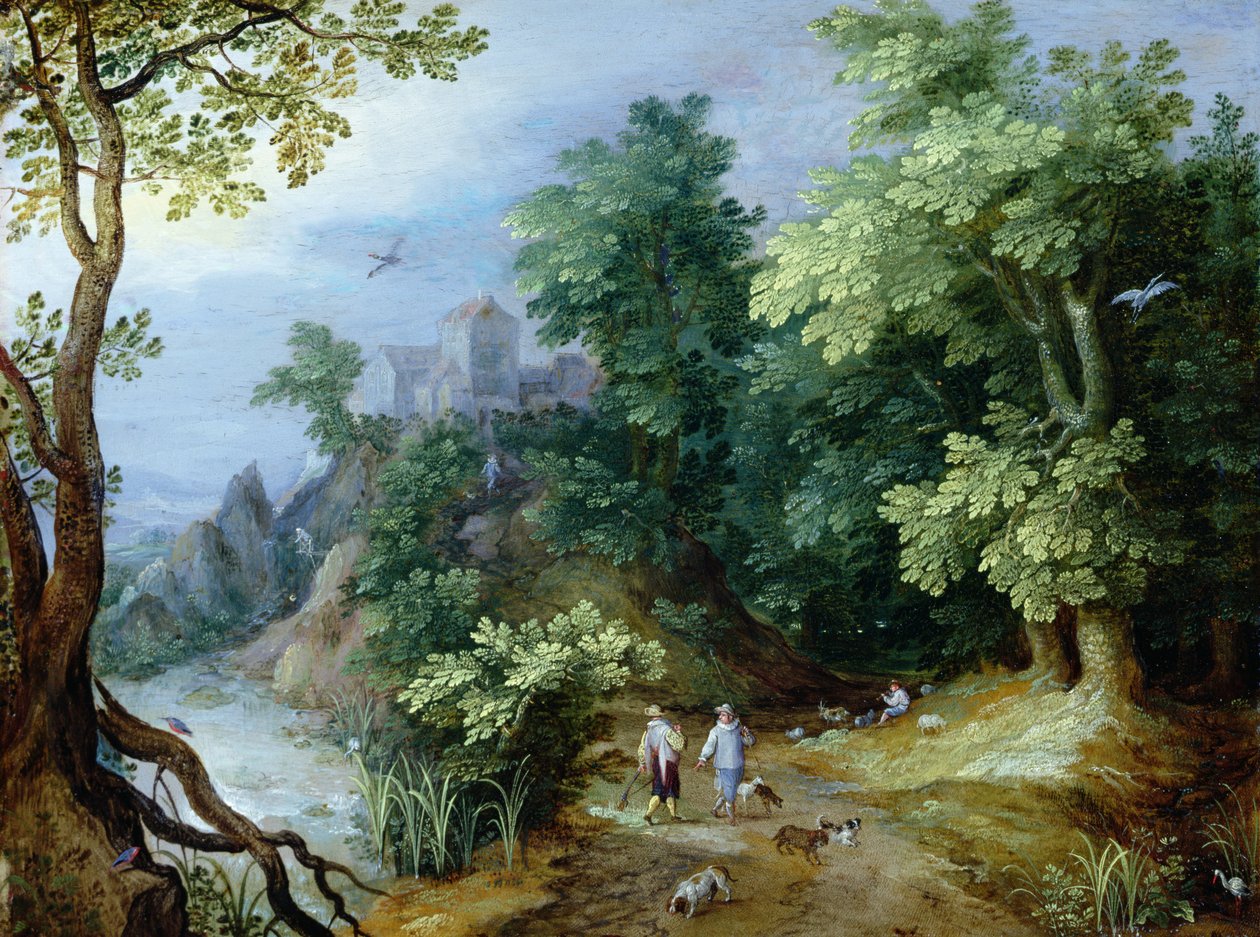 Landskap med idrettsmenn og hunder (olje på kobber) av Paul Bril