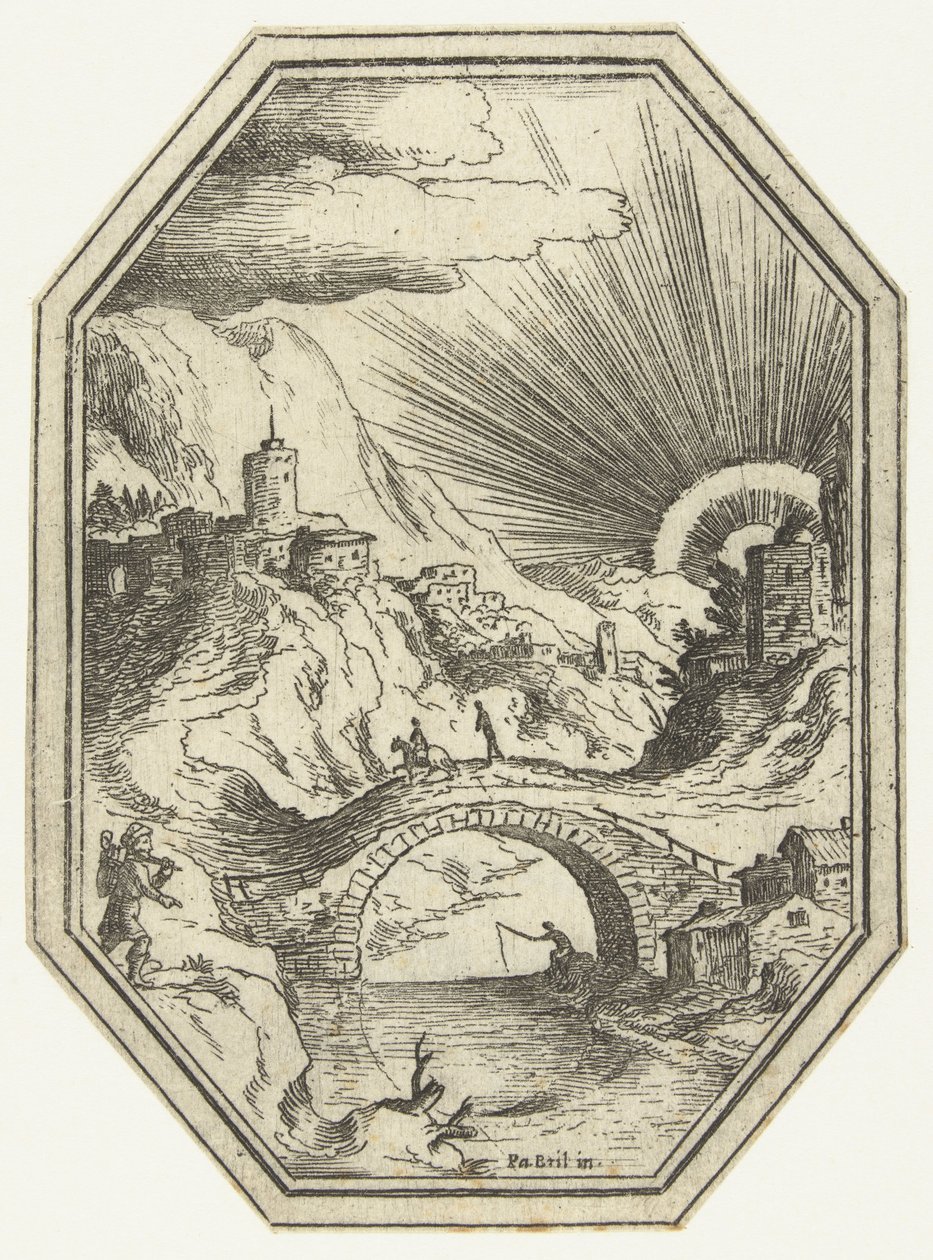 Landskap med steinbro i åttekantet ramme Octagonal Landscapes (serietittel) av Paul Bril