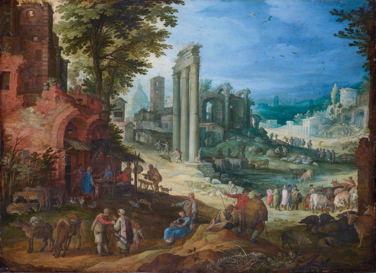 Utsikt over Forum Romanum med søylene til Castor- og Pollux-templene og Hadrian-basilikaen av Paul Brill