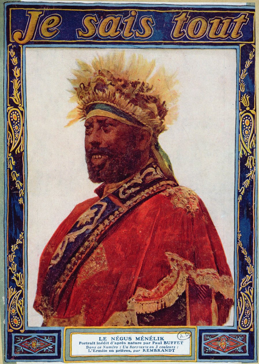 Portrait of the Negus of Ethiopia, Menelik II (1844-1913), illustrasjon fra Je Sais Tout magazine, ca. 1900 av Paul Buffet