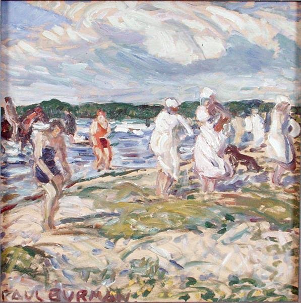 Svømmere på stranden ved Pelgurand (olje på kryssfiner) av Paul Burman