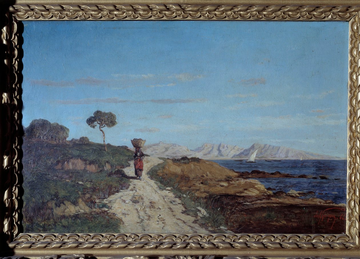 Rundt Marseille i 1866: sjølandskap med kvinne som bærer en kurv på hodet og går på en vei. Maleri av Paul Camille Guigou (1834-1871). 1866. Nysgjerrig. Perigord museum av Paul Camille Guigou