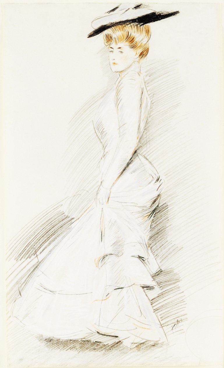 En elegant dame i en hvit kjole, av Paul Cesar Helleu