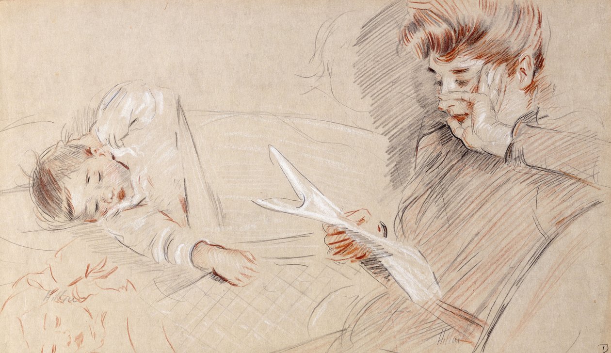 Madame Helleu Reading, med Paulette liggende ved siden av henne på en sofa, av Paul Cesar Helleu